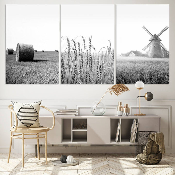 Farmhouse Canvas Wall Art Print - Black and White Rustic Windmill and Wheat Field, Farm Decor Canvas Print for Kitchen or Living Room