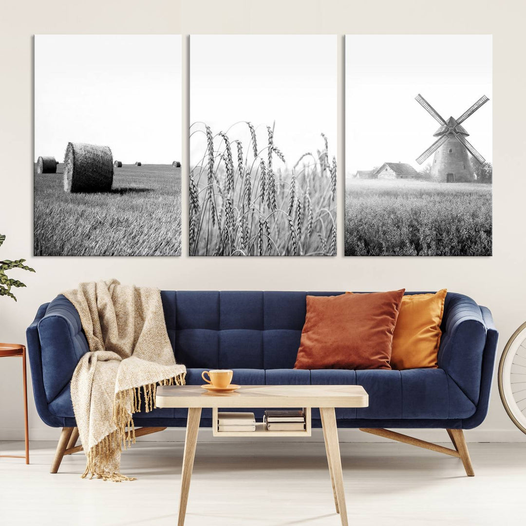 Farmhouse Canvas Wall Art Print - Black and White Rustic Windmill and Wheat Field, Farm Decor Canvas Print for Kitchen or Living Room