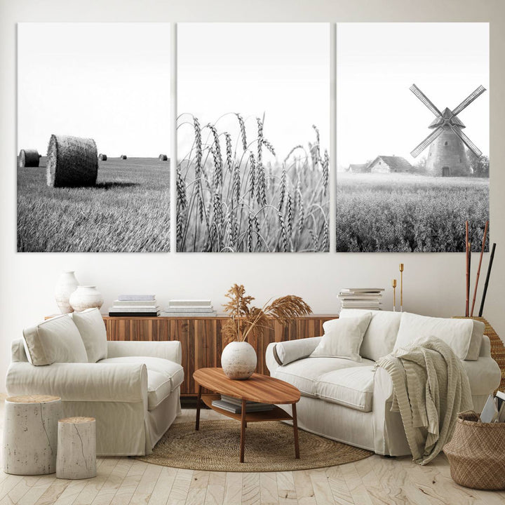 Farmhouse Canvas Wall Art Print - Black and White Rustic Windmill and Wheat Field, Farm Decor Canvas Print for Kitchen or Living Room