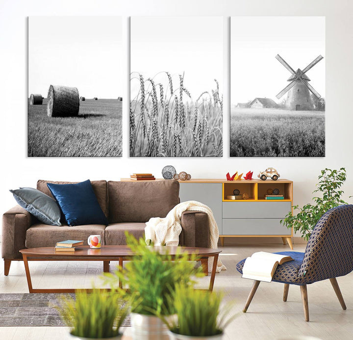 Farmhouse Canvas Wall Art Print - Black and White Rustic Windmill and Wheat Field, Farm Decor Canvas Print for Kitchen or Living Room