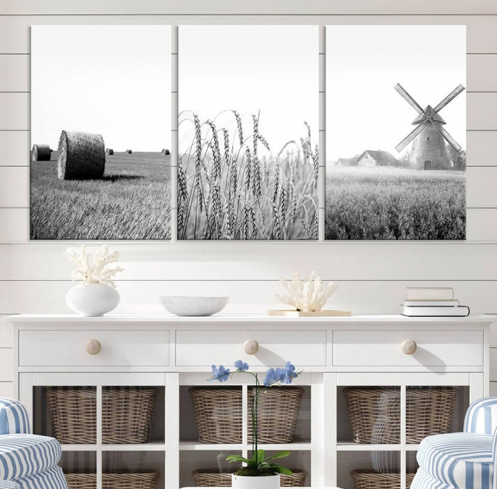 Farmhouse Canvas Wall Art Print - Black and White Rustic Windmill and Wheat Field, Farm Decor Canvas Print for Kitchen or Living Room