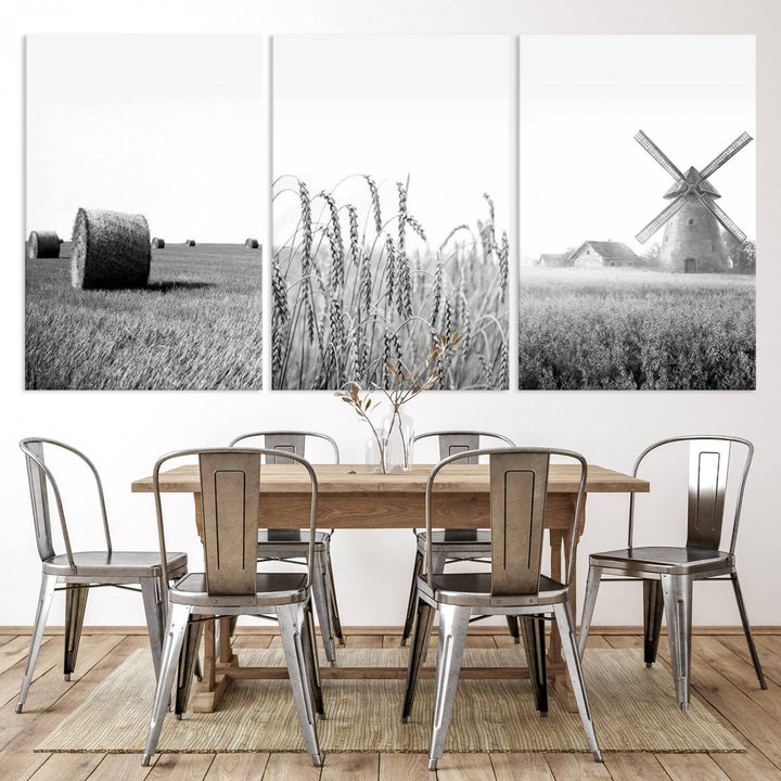 Farmhouse Canvas Wall Art Print - Black and White Rustic Windmill and Wheat Field, Farm Decor Canvas Print for Kitchen or Living Room