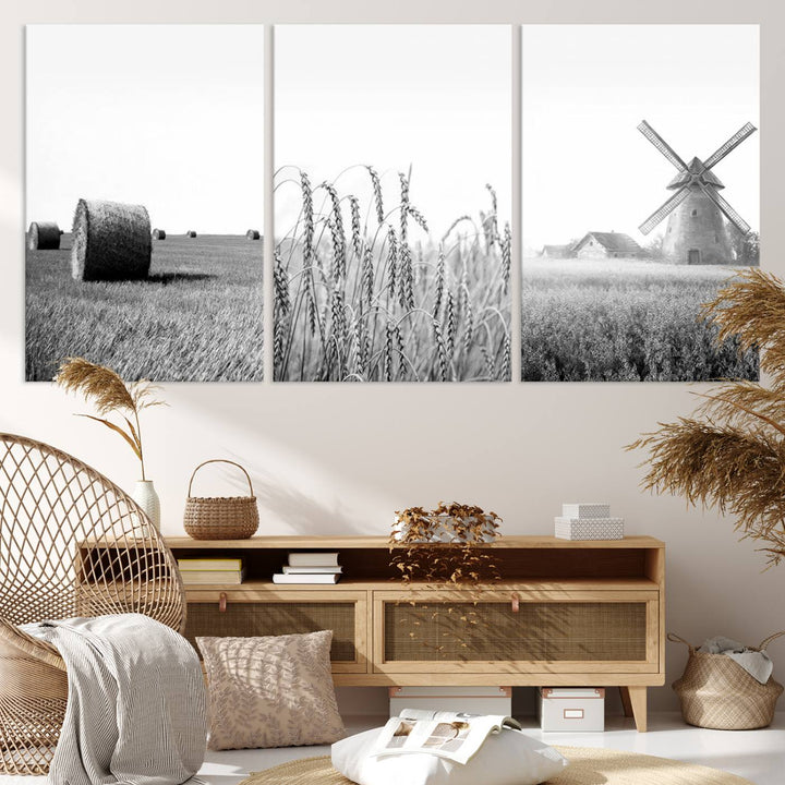 Farmhouse Canvas Wall Art Print - Black and White Rustic Windmill and Wheat Field, Farm Decor Canvas Print for Kitchen or Living Room