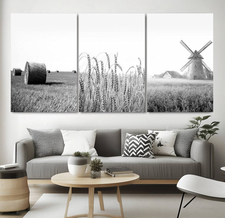 Farmhouse Canvas Wall Art Print - Black and White Rustic Windmill and Wheat Field, Farm Decor Canvas Print for Kitchen or Living Room