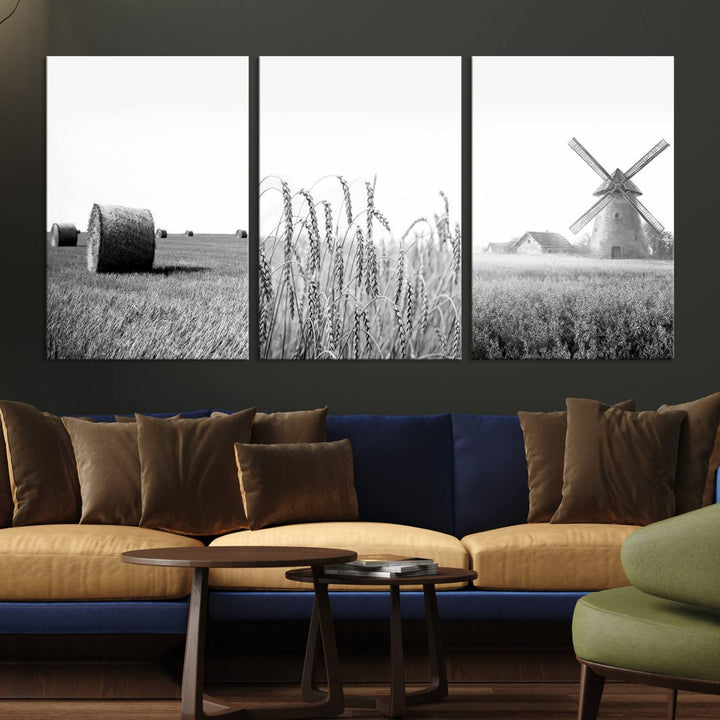 Farmhouse Canvas Wall Art Print - Black and White Rustic Windmill and Wheat Field, Farm Decor Canvas Print for Kitchen or Living Room