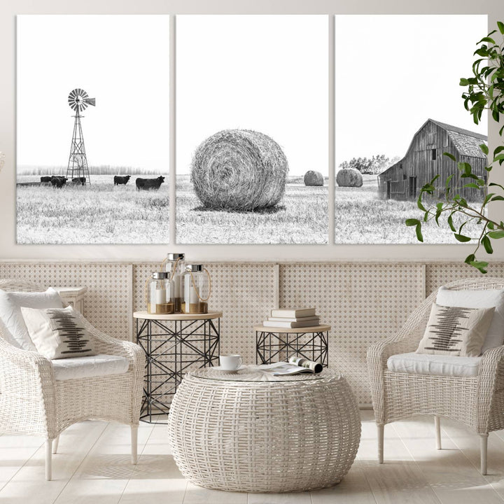 Farmhouse Canvas Wall Art Print - Rustic Windmill, Hay Bales, and Barn Landscape Wall Art Print for Farmhouse Living Room, Office, Bedroom Decor Print