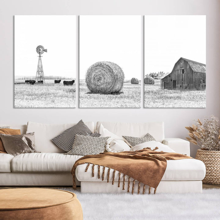 Farmhouse Canvas Wall Art Print - Rustic Windmill, Hay Bales, and Barn Landscape Wall Art Print for Farmhouse Living Room, Office, Bedroom Decor Print