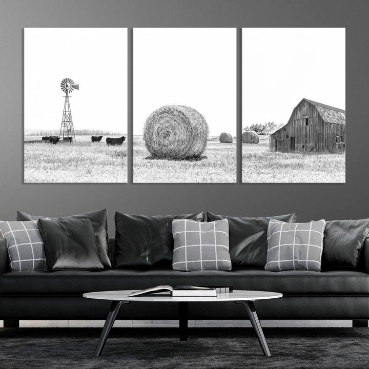 Farmhouse Canvas Wall Art Print - Rustic Windmill, Hay Bales, and Barn Landscape Wall Art Print for Farmhouse Living Room, Office, Bedroom Decor Print