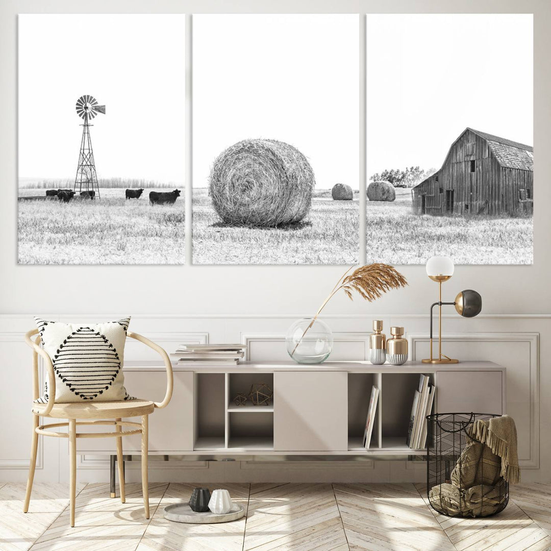 Farmhouse Canvas Wall Art Print - Rustic Windmill, Hay Bales, and Barn Landscape Wall Art Print for Farmhouse Living Room, Office, Bedroom Decor Print