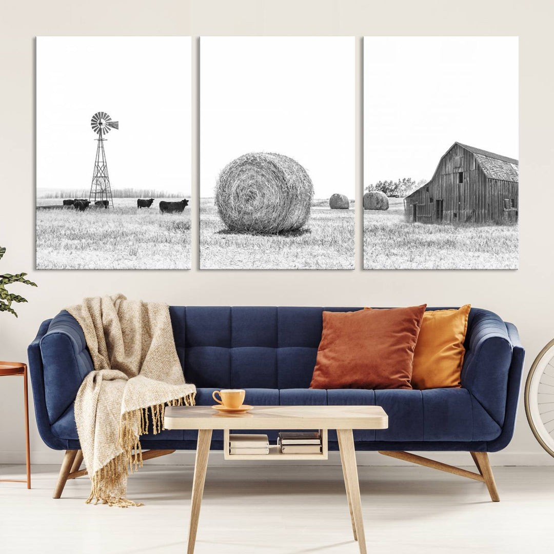 Farmhouse Canvas Wall Art Print - Rustic Windmill, Hay Bales, and Barn Landscape Wall Art Print for Farmhouse Living Room, Office, Bedroom Decor Print