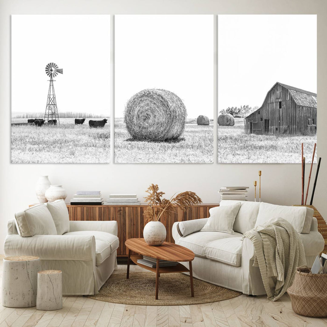 Farmhouse Canvas Wall Art Print - Rustic Windmill, Hay Bales, and Barn Landscape Wall Art Print for Farmhouse Living Room, Office, Bedroom Decor Print