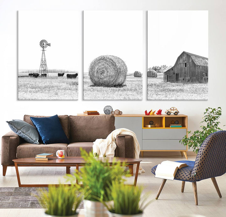 Farmhouse Canvas Wall Art Print - Rustic Windmill, Hay Bales, and Barn Landscape Wall Art Print for Farmhouse Living Room, Office, Bedroom Decor Print