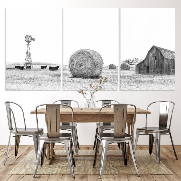 Farmhouse Canvas Wall Art Print - Rustic Windmill, Hay Bales, and Barn Landscape Wall Art Print for Farmhouse Living Room, Office, Bedroom Decor Print