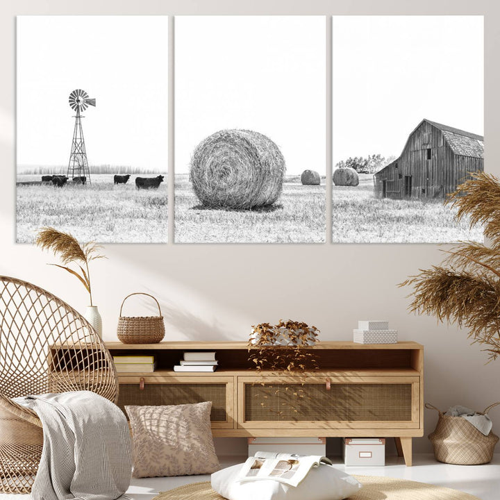 Farmhouse Canvas Wall Art Print - Rustic Windmill, Hay Bales, and Barn Landscape Wall Art Print for Farmhouse Living Room, Office, Bedroom Decor Print