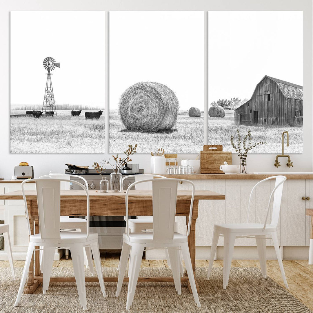 Farmhouse Canvas Wall Art Print - Rustic Windmill, Hay Bales, and Barn Landscape Wall Art Print for Farmhouse Living Room, Office, Bedroom Decor Print