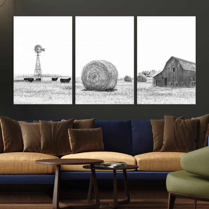 Farmhouse Canvas Wall Art Print - Rustic Windmill, Hay Bales, and Barn Landscape Wall Art Print for Farmhouse Living Room, Office, Bedroom Decor Print