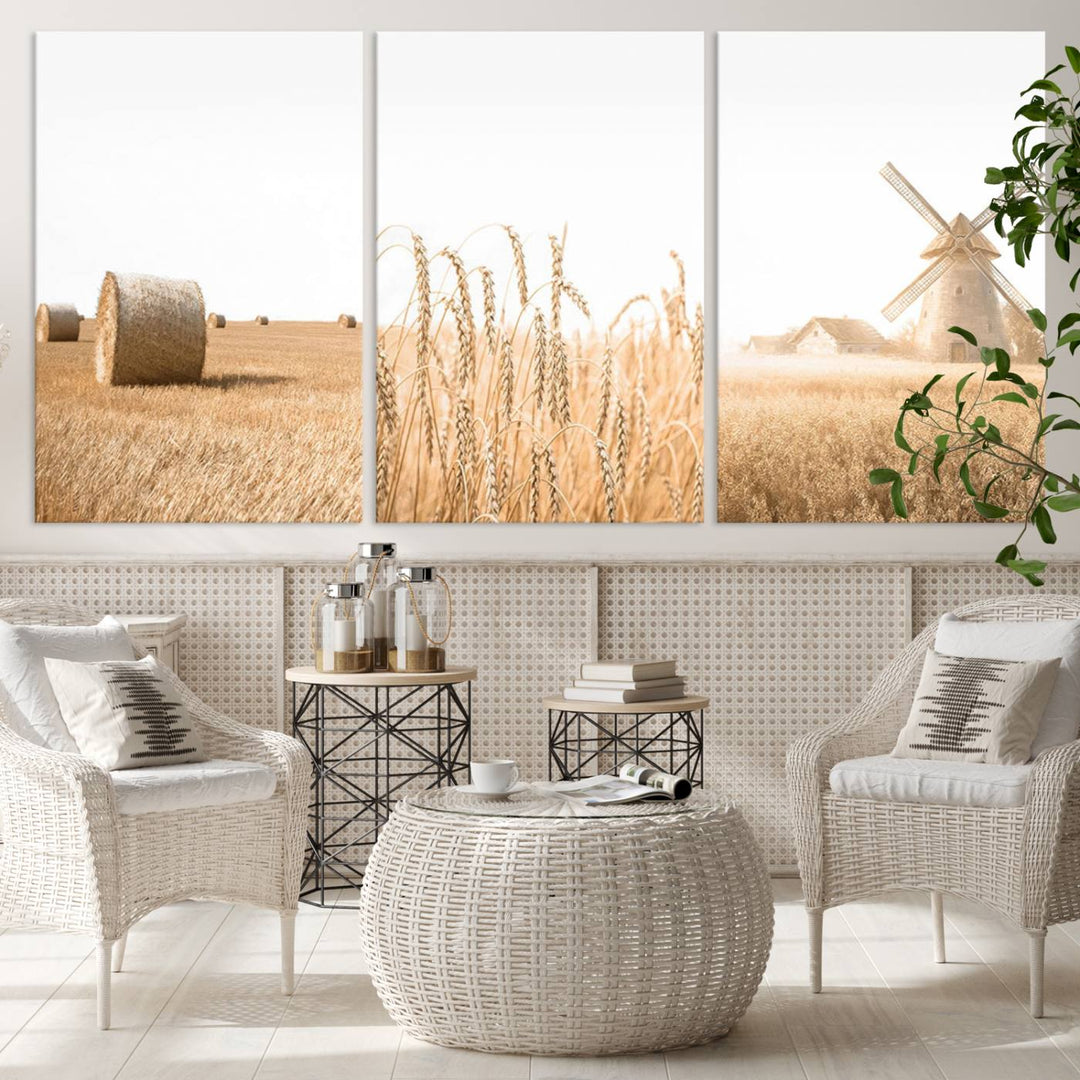 Farmhouse Wheat Field and Windmill Wall Art | Rustic Farm Landscape Canvas Print | Golden Harvest Country Decor for Living Room