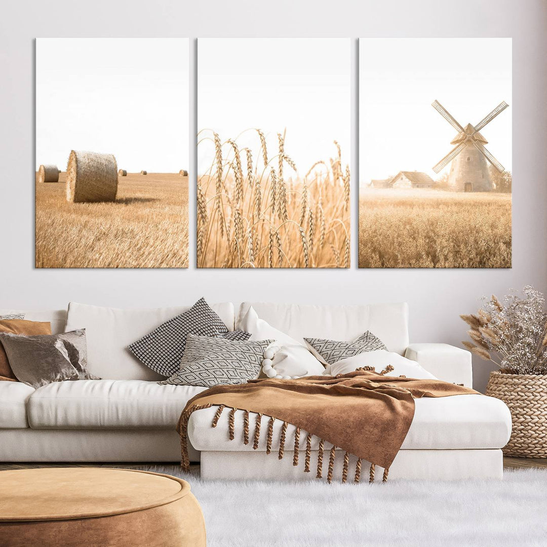 Farmhouse Wheat Field and Windmill Wall Art | Rustic Farm Landscape Canvas Print | Golden Harvest Country Decor for Living Room