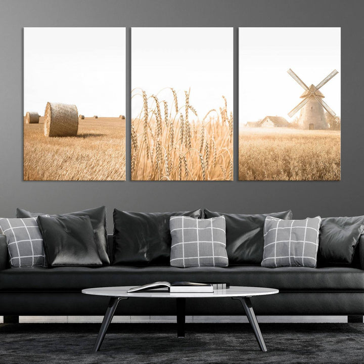 Farmhouse Wheat Field and Windmill Wall Art | Rustic Farm Landscape Canvas Print | Golden Harvest Country Decor for Living Room