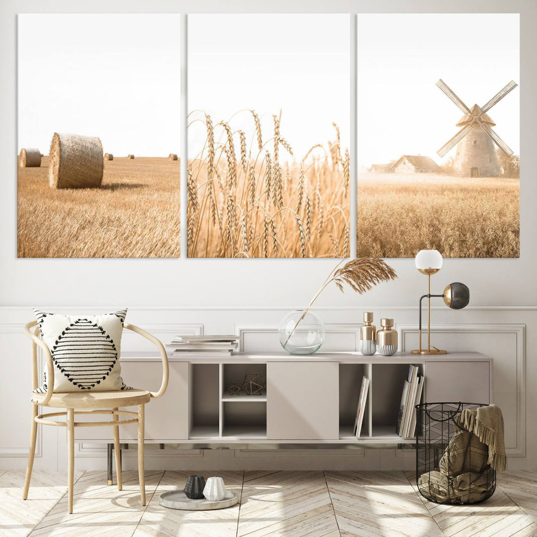 Farmhouse Wheat Field and Windmill Wall Art | Rustic Farm Landscape Canvas Print | Golden Harvest Country Decor for Living Room