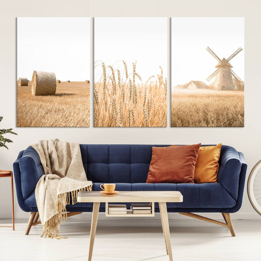 Farmhouse Wheat Field and Windmill Wall Art | Rustic Farm Landscape Canvas Print | Golden Harvest Country Decor for Living Room