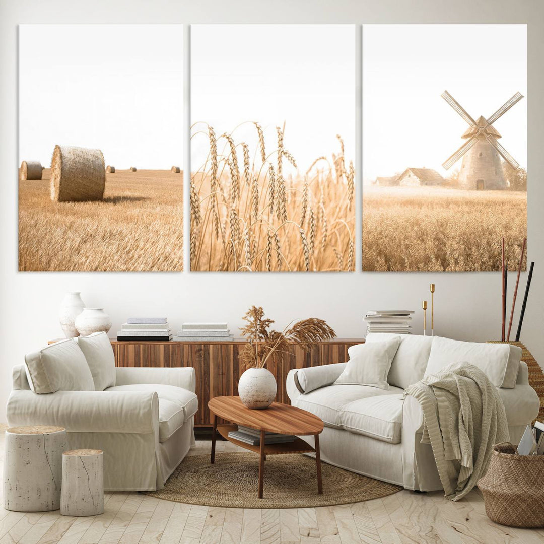 Farmhouse Wheat Field and Windmill Wall Art | Rustic Farm Landscape Canvas Print | Golden Harvest Country Decor for Living Room