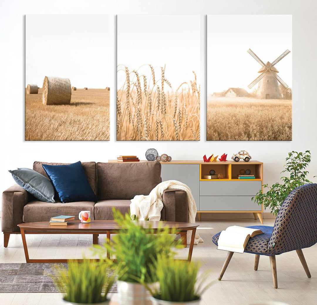 Farmhouse Wheat Field and Windmill Wall Art | Rustic Farm Landscape Canvas Print | Golden Harvest Country Decor for Living Room