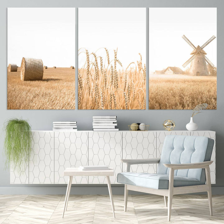 Farmhouse Wheat Field and Windmill Wall Art | Rustic Farm Landscape Canvas Print | Golden Harvest Country Decor for Living Room