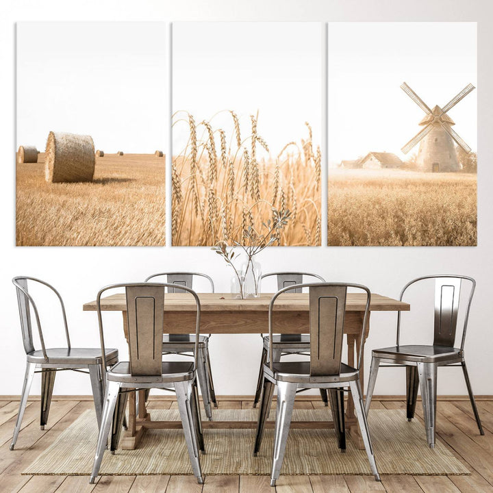 Farmhouse Wheat Field and Windmill Wall Art | Rustic Farm Landscape Canvas Print | Golden Harvest Country Decor for Living Room