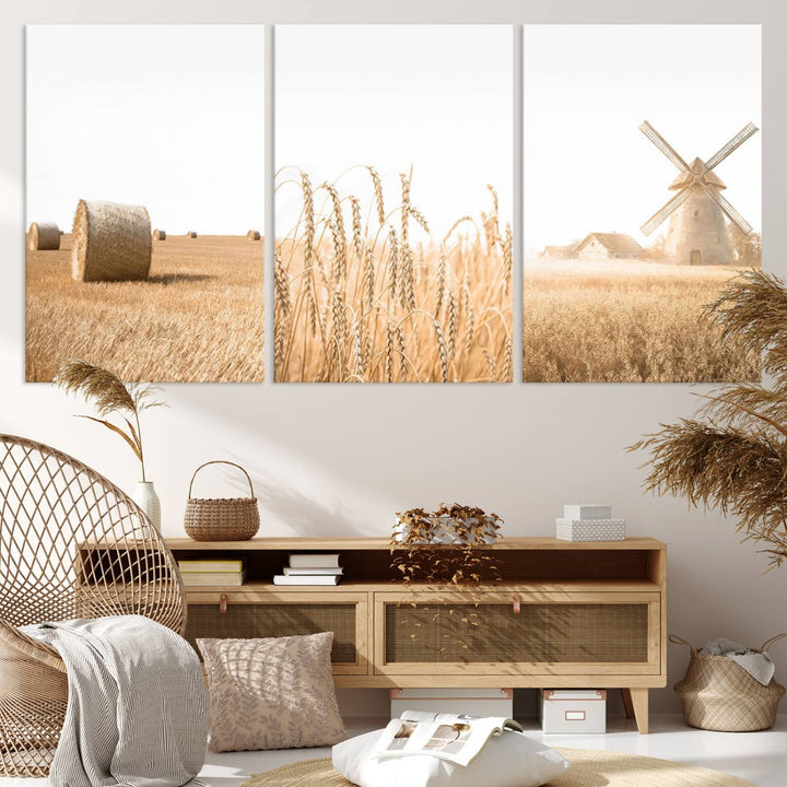 Farmhouse Wheat Field and Windmill Wall Art | Rustic Farm Landscape Canvas Print | Golden Harvest Country Decor for Living Room