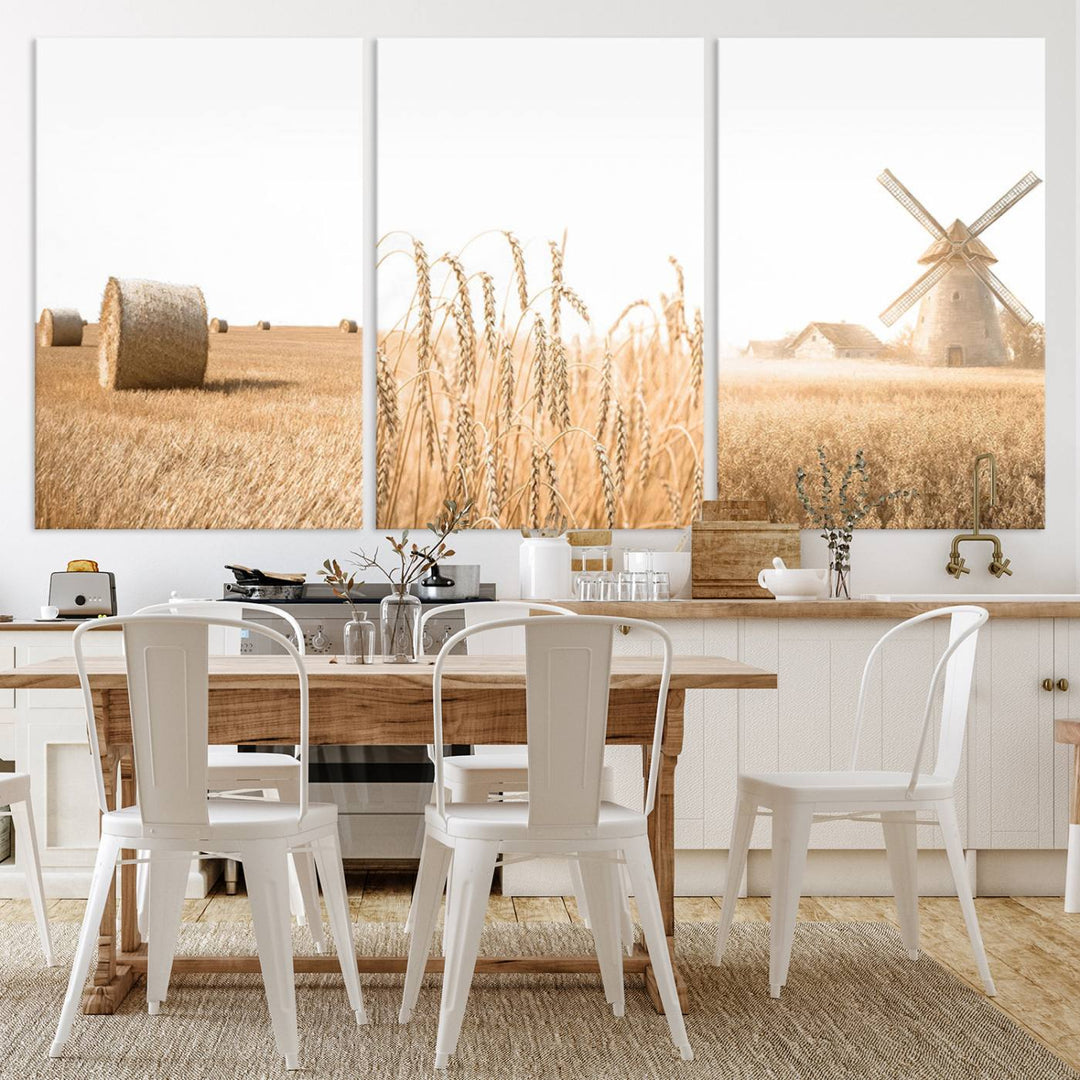 Farmhouse Wheat Field and Windmill Wall Art | Rustic Farm Landscape Canvas Print | Golden Harvest Country Decor for Living Room