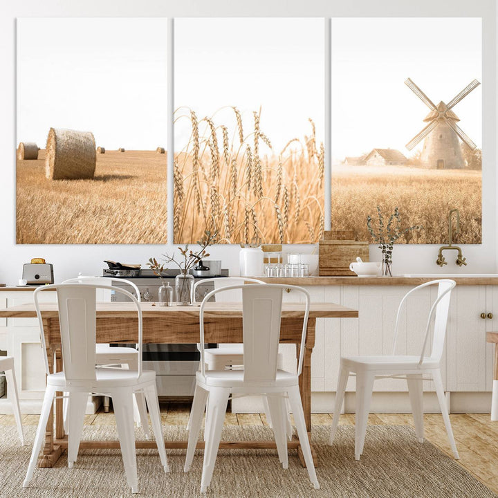 Farmhouse Wheat Field and Windmill Wall Art | Rustic Farm Landscape Canvas Print | Golden Harvest Country Decor for Living Room