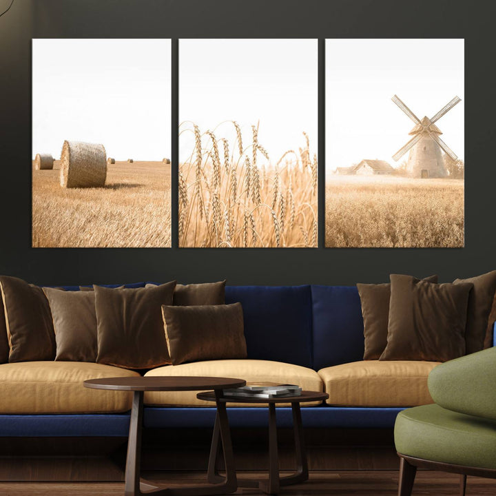 Farmhouse Wheat Field and Windmill Wall Art | Rustic Farm Landscape Canvas Print | Golden Harvest Country Decor for Living Room