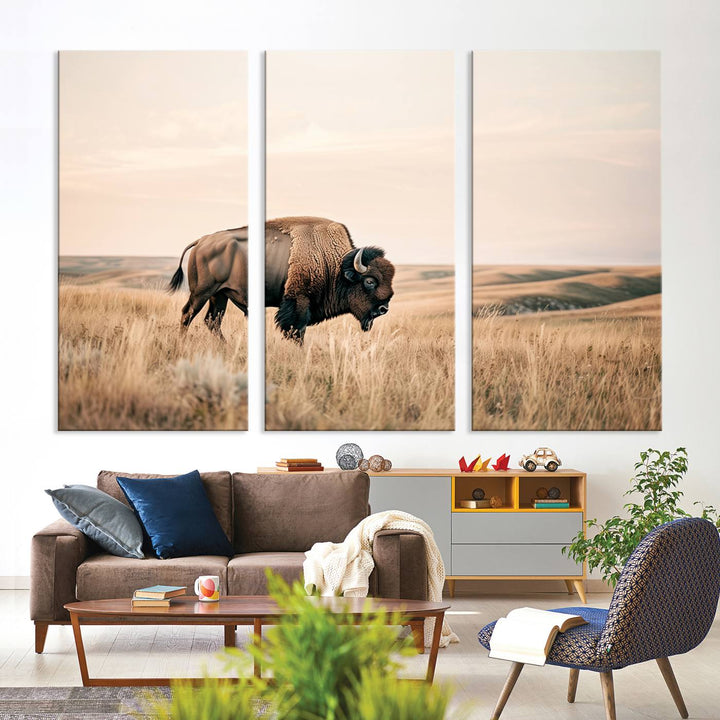 Field in American Bison Wall Art Print for Farmhouse Wall Decor, Western Canvas Print