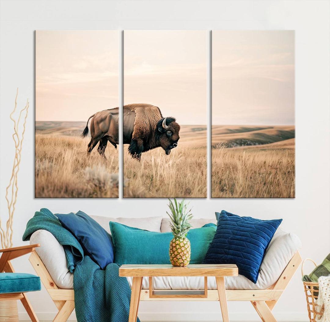 Field in American Bison Wall Art Print for Farmhouse Wall Decor, Western Canvas Print