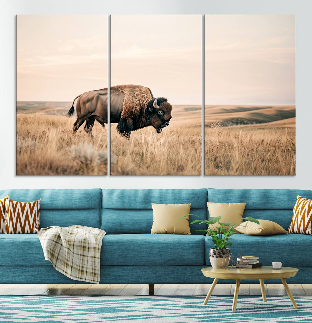 Field in American Bison Wall Art Print for Farmhouse Wall Decor, Western Canvas Print