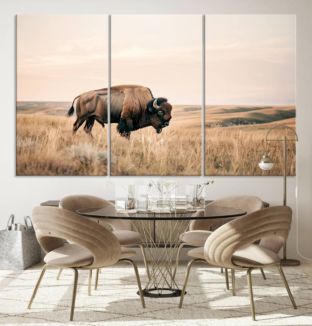 Field in American Bison Wall Art Print for Farmhouse Wall Decor, Western Canvas Print