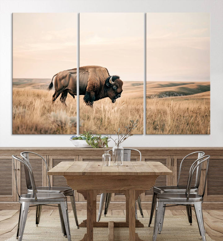 Field in American Bison Wall Art Print for Farmhouse Wall Decor, Western Canvas Print