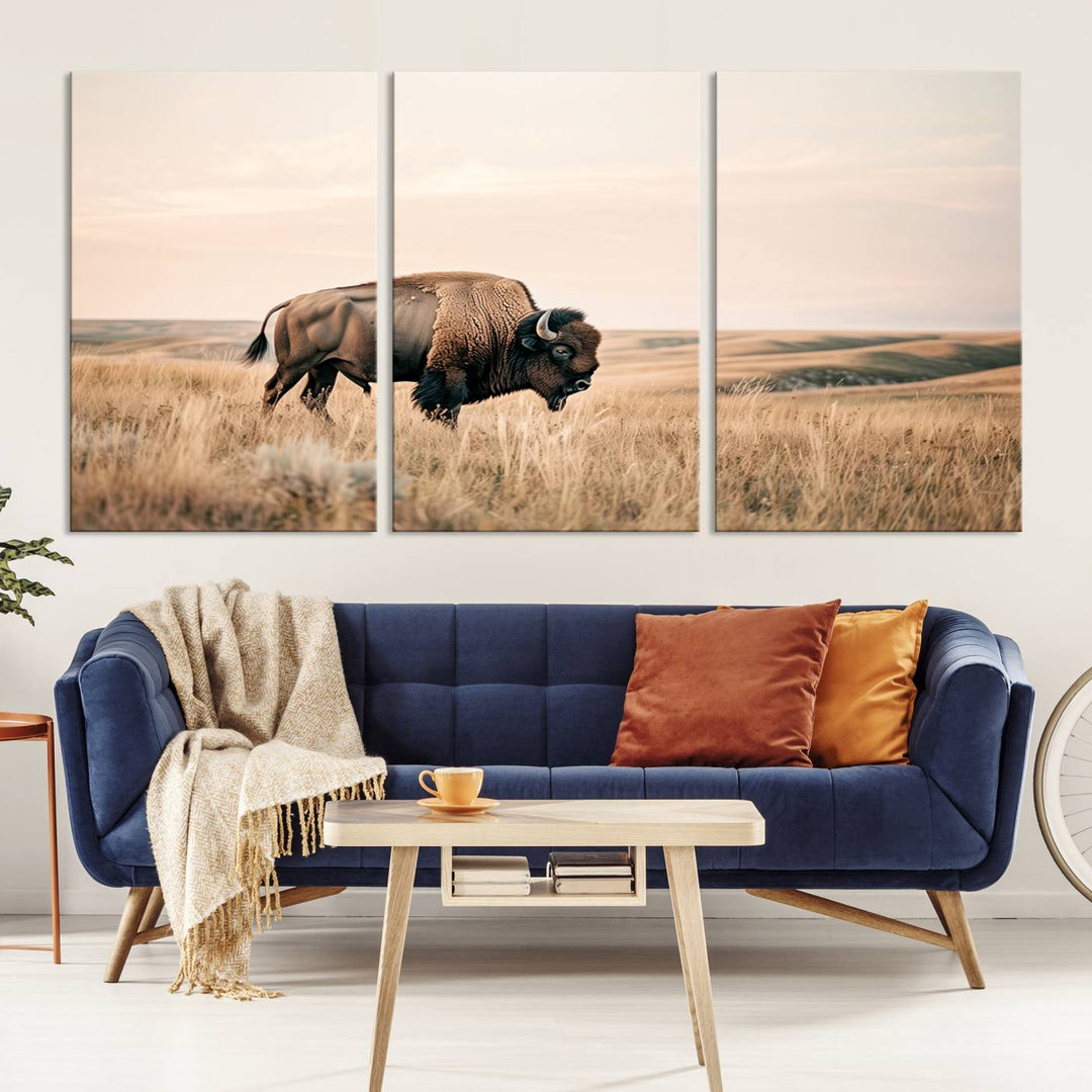 Field in American Bison Wall Art Print for Farmhouse Wall Decor, Western Canvas Print