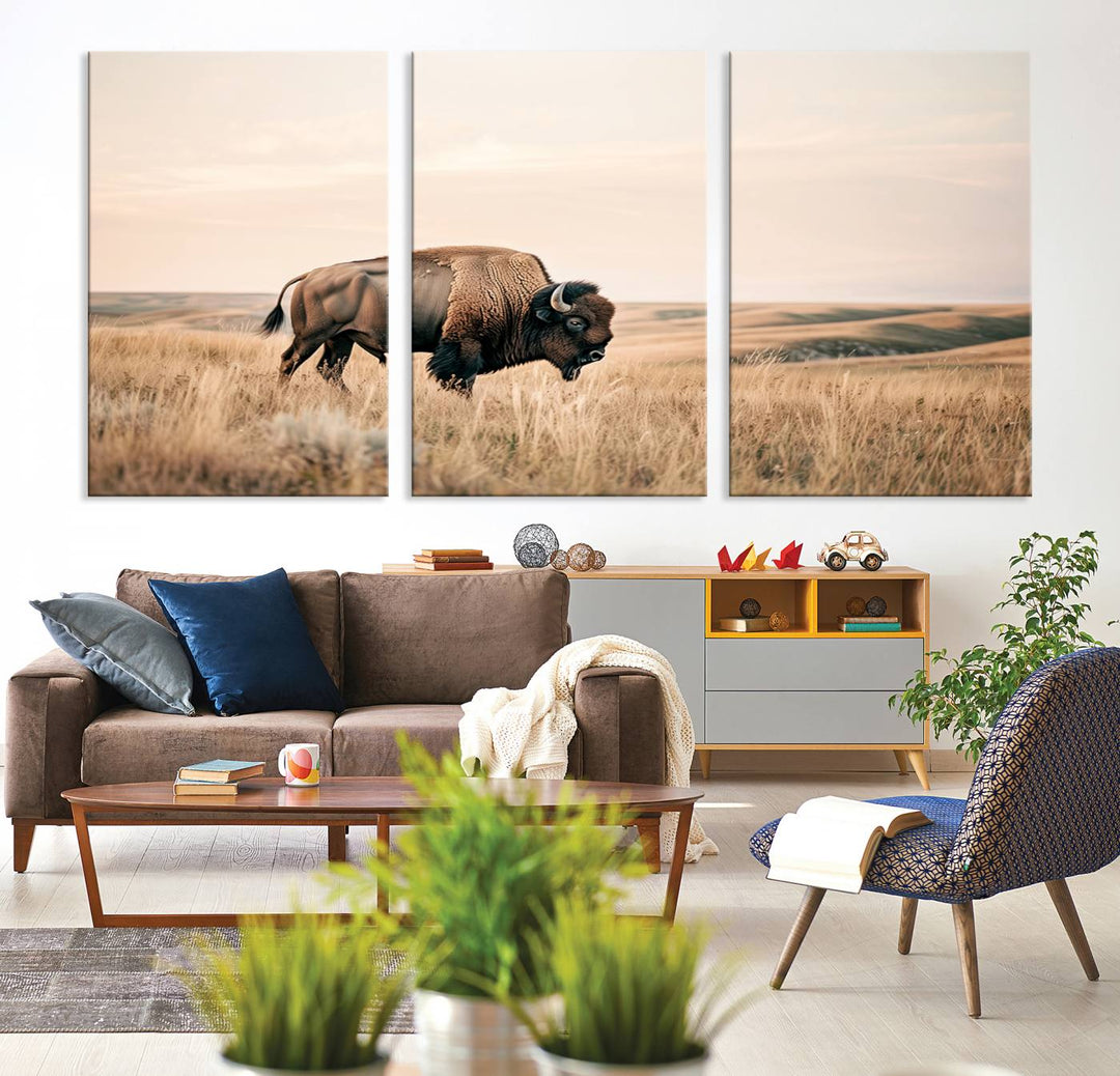 Field in American Bison Wall Art Print for Farmhouse Wall Decor, Western Canvas Print