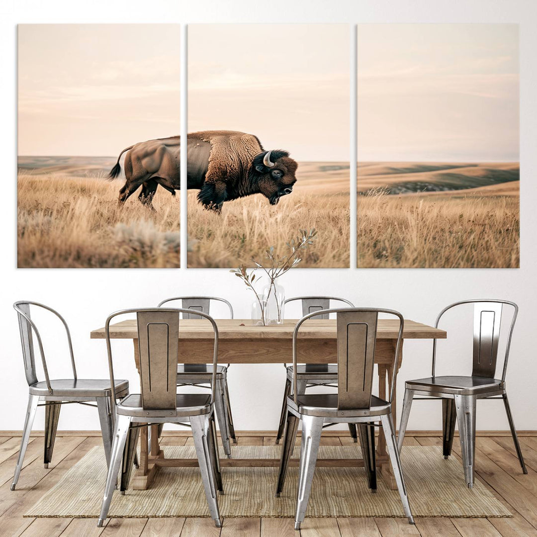 Field in American Bison Wall Art Print for Farmhouse Wall Decor, Western Canvas Print