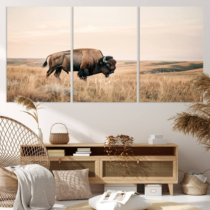 Field in American Bison Wall Art Print for Farmhouse Wall Decor, Western Canvas Print