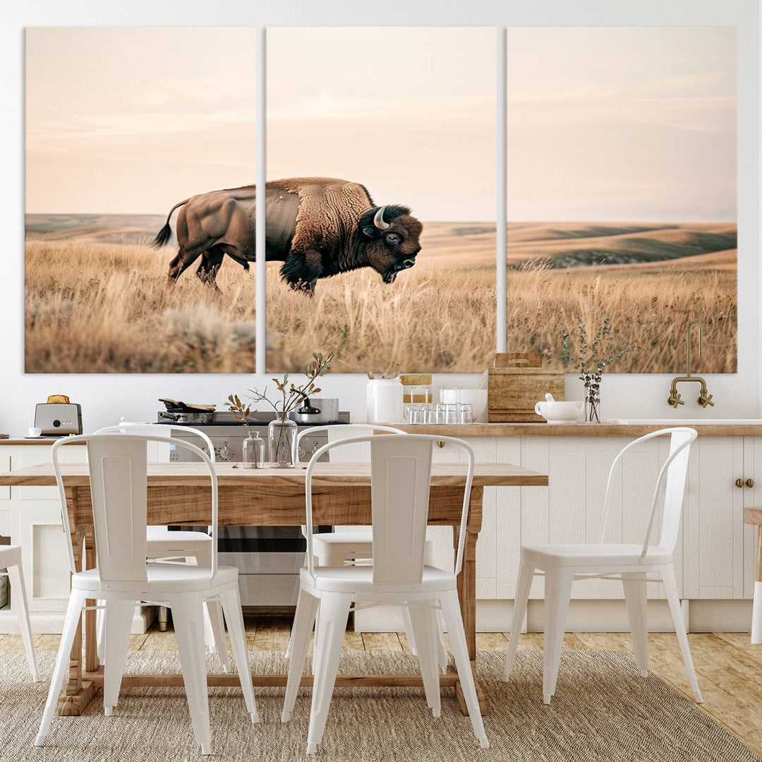 Field in American Bison Wall Art Print for Farmhouse Wall Decor, Western Canvas Print