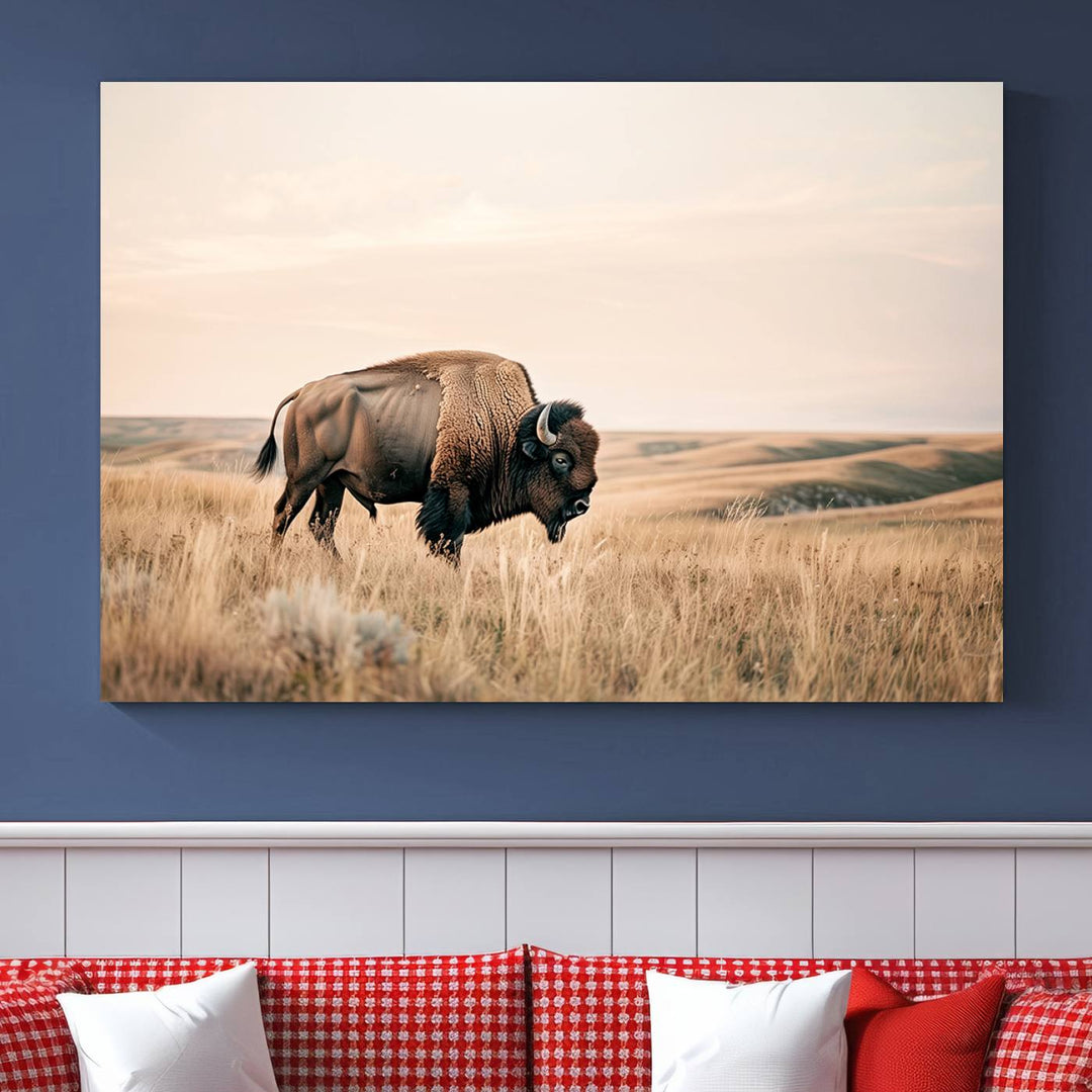 Field in American Bison Wall Art Print for Farmhouse Wall Decor, Western Canvas Print