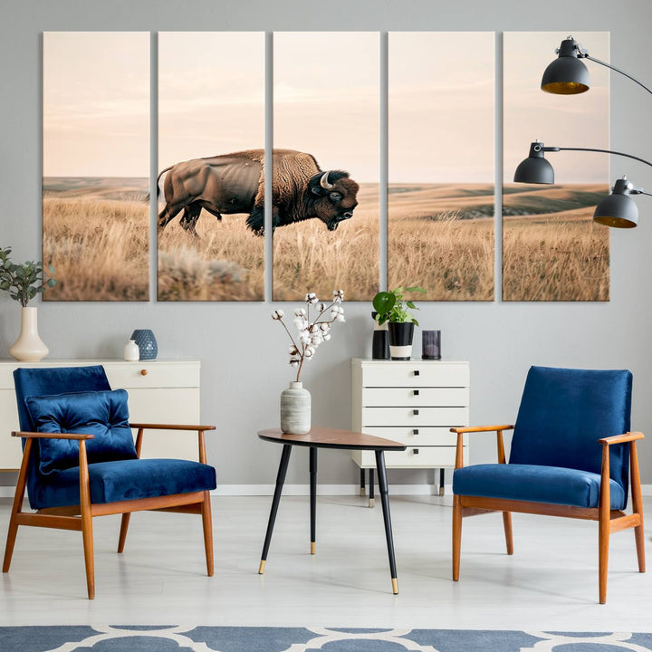 Field in American Bison Wall Art Print for Farmhouse Wall Decor, Western Canvas Print