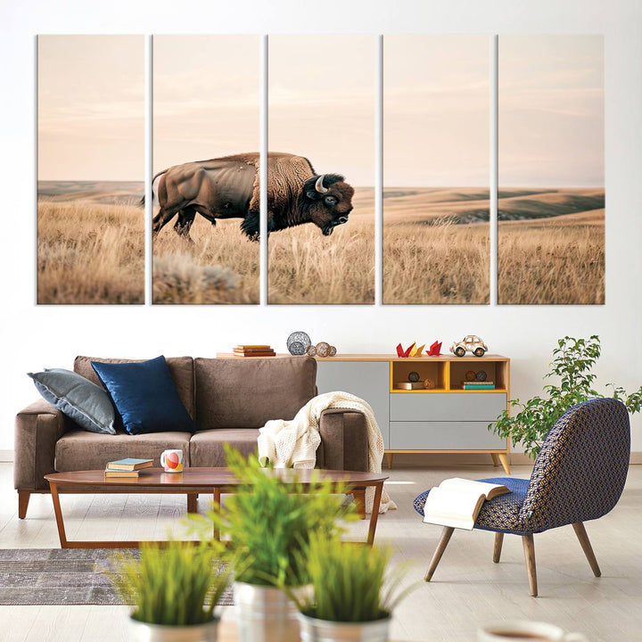 Field in American Bison Wall Art Print for Farmhouse Wall Decor, Western Canvas Print