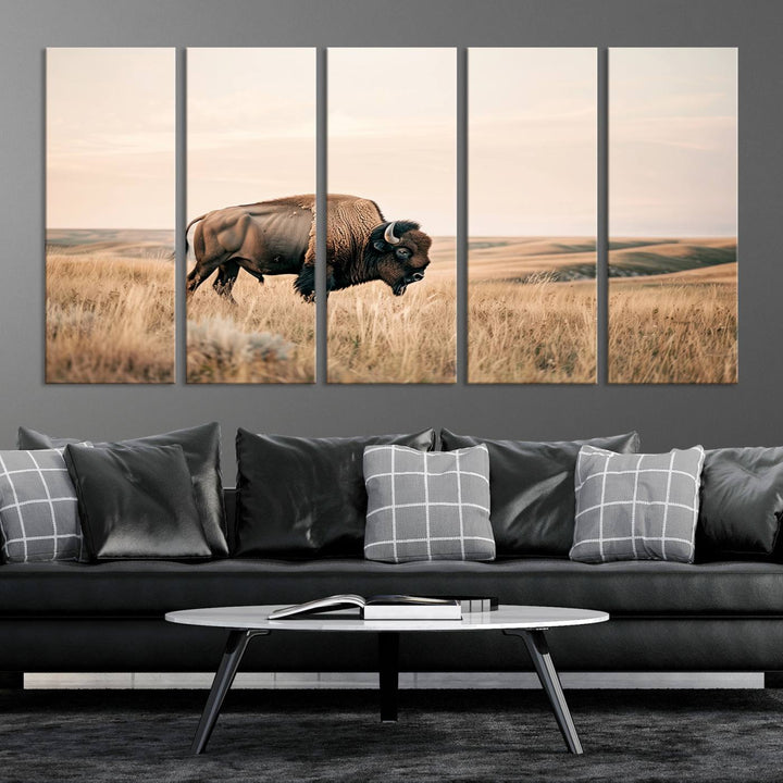 Field in American Bison Wall Art Print for Farmhouse Wall Decor, Western Canvas Print