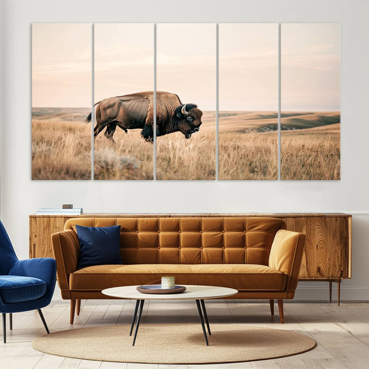 Field in American Bison Wall Art Print for Farmhouse Wall Decor, Western Canvas Print