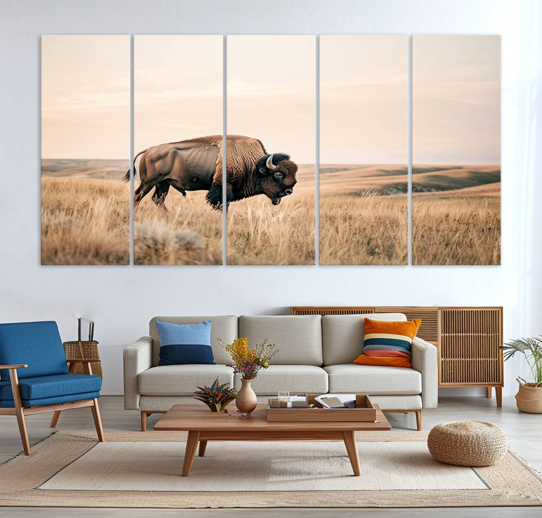 Field in American Bison Wall Art Print for Farmhouse Wall Decor, Western Canvas Print