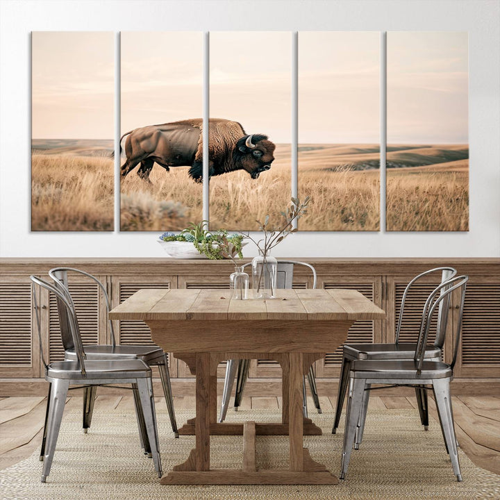 Field in American Bison Wall Art Print for Farmhouse Wall Decor, Western Canvas Print